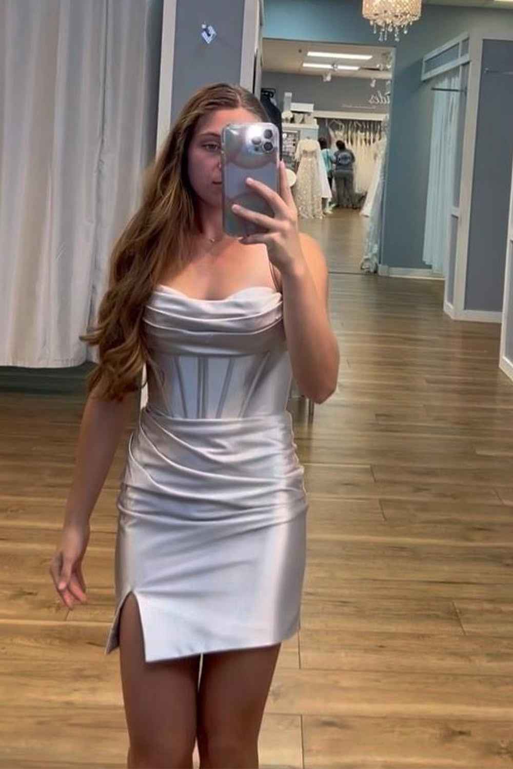 Simple Silver Corset Tight Satin Short Homecoming Dress Bmbride