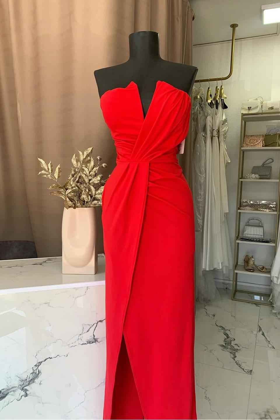 Strapless V Neck Sleeveless Long Split Prom Dress With Pleated