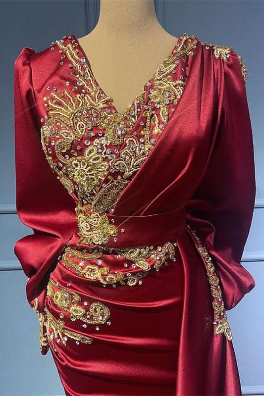 Burgundy Long Sleeve Mermaid Evening Dress with Bead Appliques and Ruffles BM bride