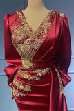 Burgundy Long Sleeve Mermaid Evening Dress with Bead Appliques and Ruffles BM bride