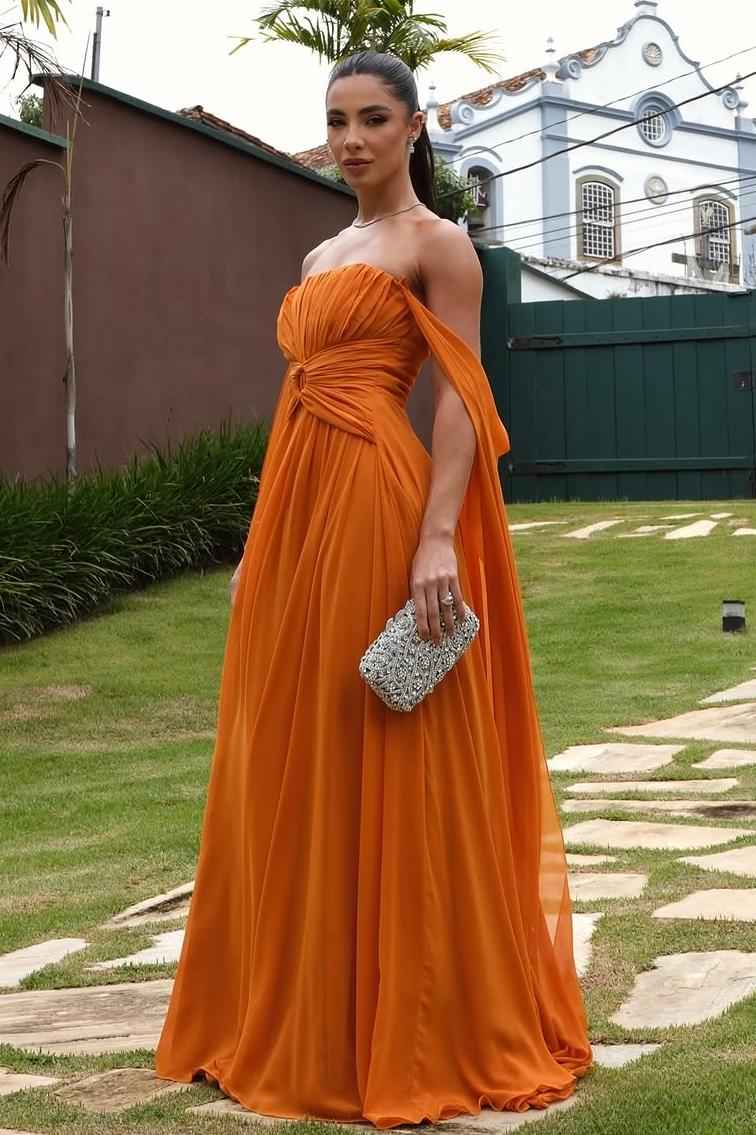 Orange Strapless Sleeveless Long Prom Dress With Pleated Ruffle