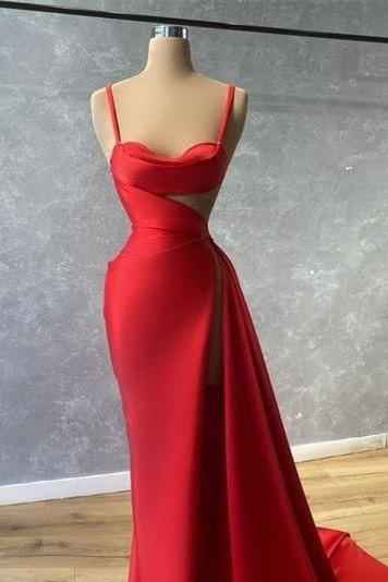 Sweetheart Red Spaghetti Strap High Split Mermaid Prom Dress With Ruffles