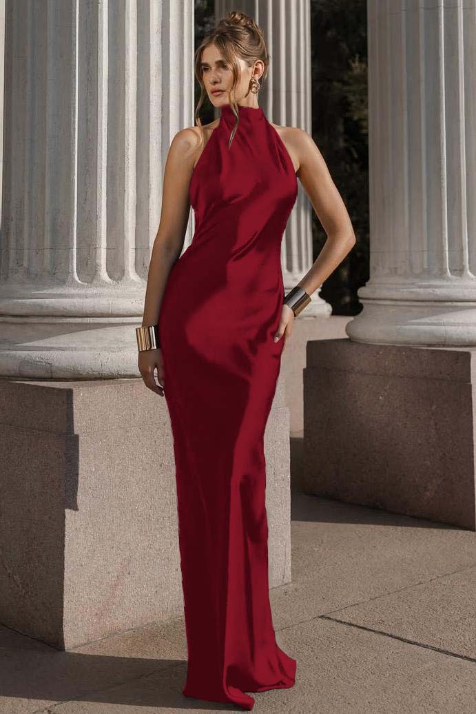 Halter Sleeveless Backless Mermaid Long Prom Dress With Pleated BMBRIDE