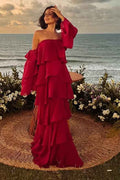 Strapless Long Sleeves Long Prom Dress With Pleated Ruffles