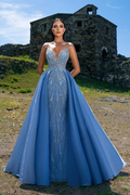 Spaghetti Straps Elegant Blue Prom Dress Overskirt With Sequins