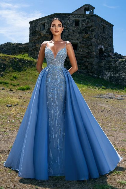 Spaghetti Straps Elegant Blue Prom Dress Overskirt With Sequins