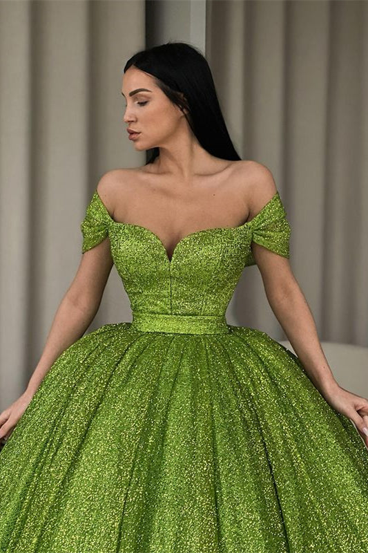 Green Off-The-Shoulder Ball Gown Evening Dress with Sequins BM bride