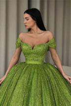 Green Off-The-Shoulder Ball Gown Evening Dress with Sequins BM bride