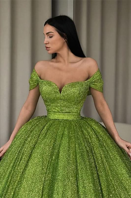 Green Off-The-Shoulder Ball Gown Evening Dress with Sequins BM bride