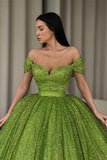 Green Off-The-Shoulder Ball Gown Evening Dress with Sequins BM bride