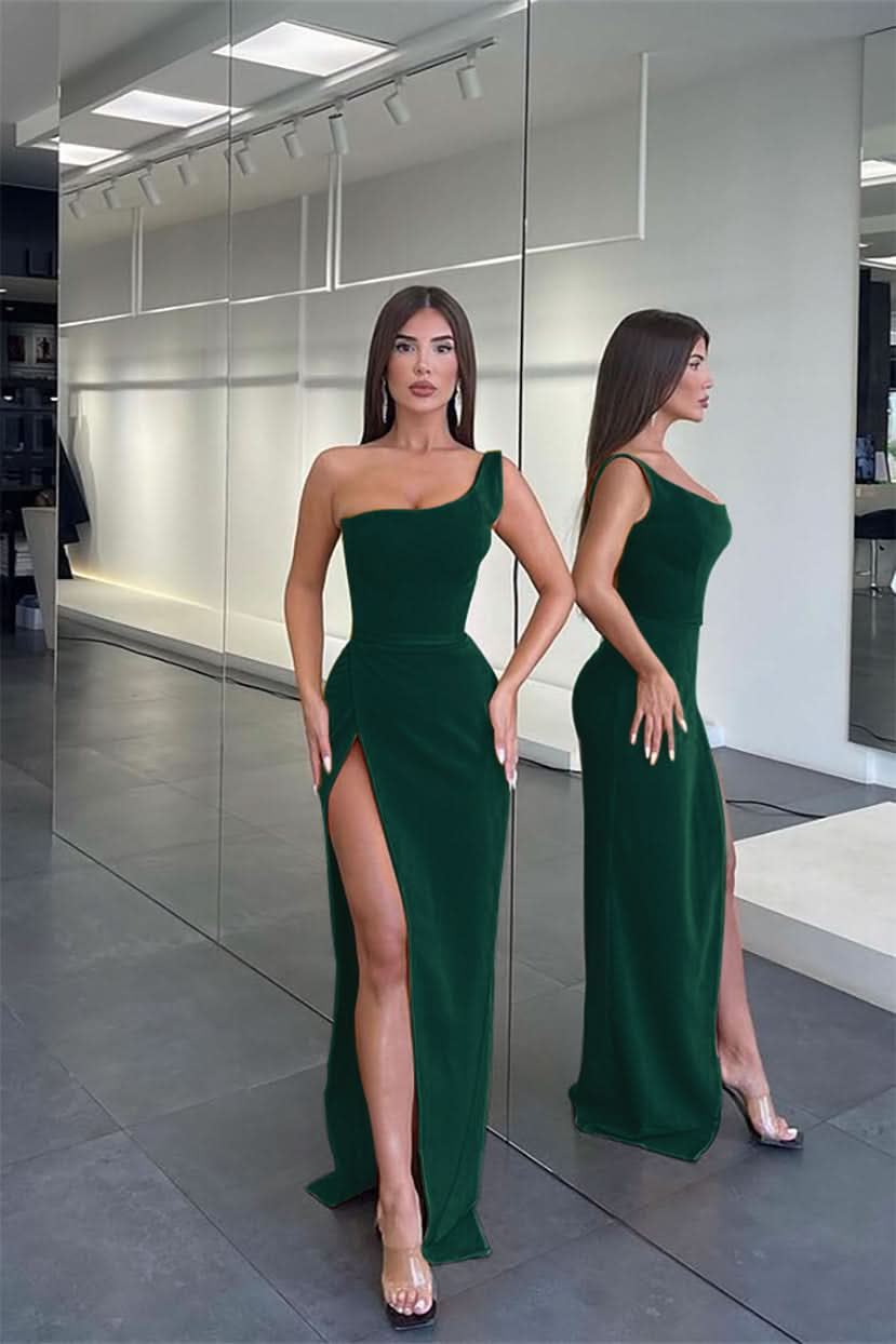 Glamorous One Shoulder Sleeveless Long Mermaid Evening Dress with Split BM bride