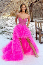 Red Beaded A-Line Tiered High Low Prom Homecoming Dress