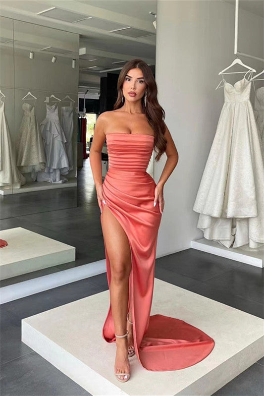 Coral Strapless Mermaid Prom Dress with Split Pleats BM bride