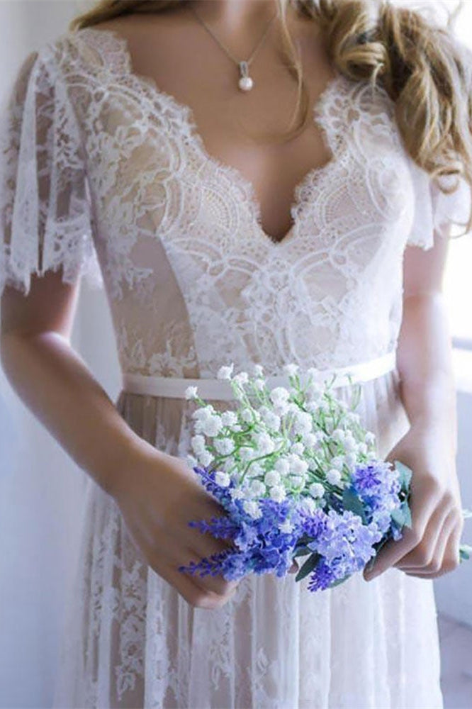Short Sleeve Lace Boho Wedding Dress BM bride