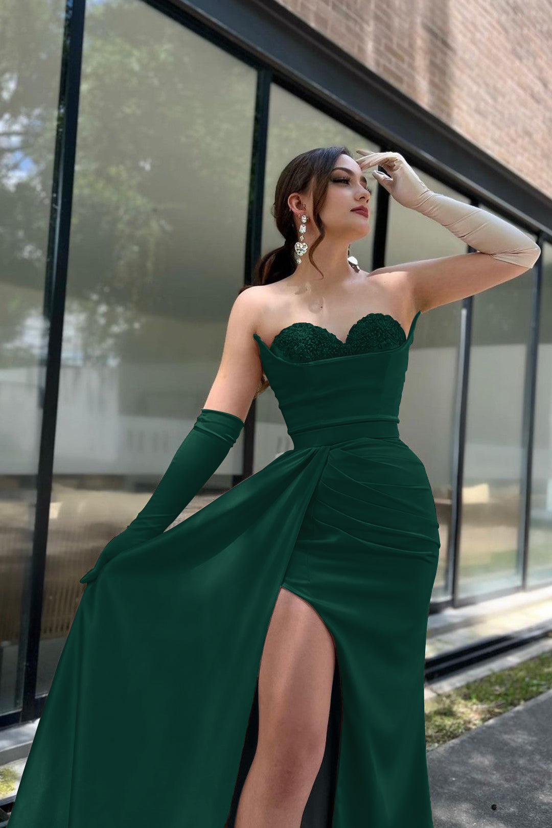 Prom Dress Sleeves Champagne Sweetheart High Slit With Gloves BMBRIDE