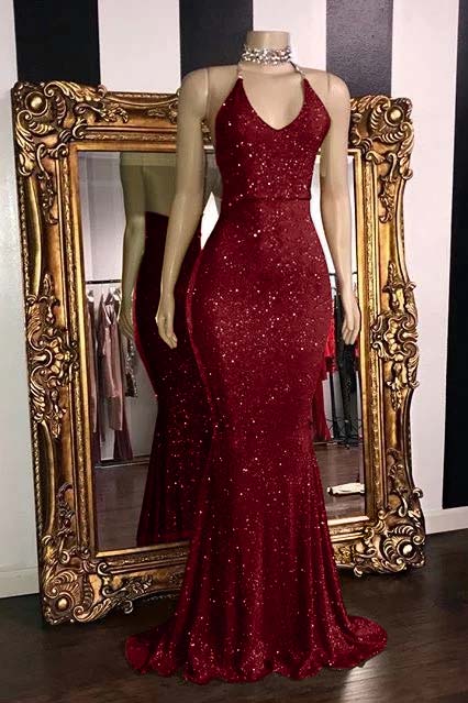 Glamorous Halter Neck Mermaid Sleeveless Red Long Prom Dress With Sequins BMBRIDE