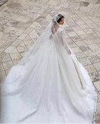 A-Line Deep V-Neck Long Sleeve Train Wedding Dress with Lace Appliques BM bride