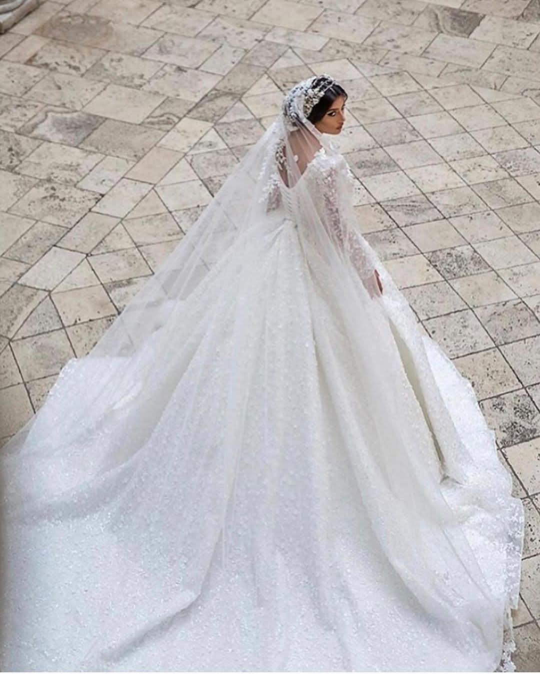 A-Line Deep V-Neck Long Sleeve Train Wedding Dress with Lace Appliques BM bride
