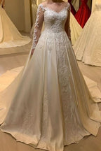 A-Line Sweetheart Wedding Dress Long Sleeve Pearl Satin With Appliques Lace BM bride