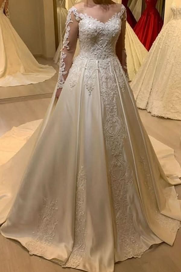 A-Line Sweetheart Wedding Dress Long Sleeve Pearl Satin With Appliques Lace BM bride