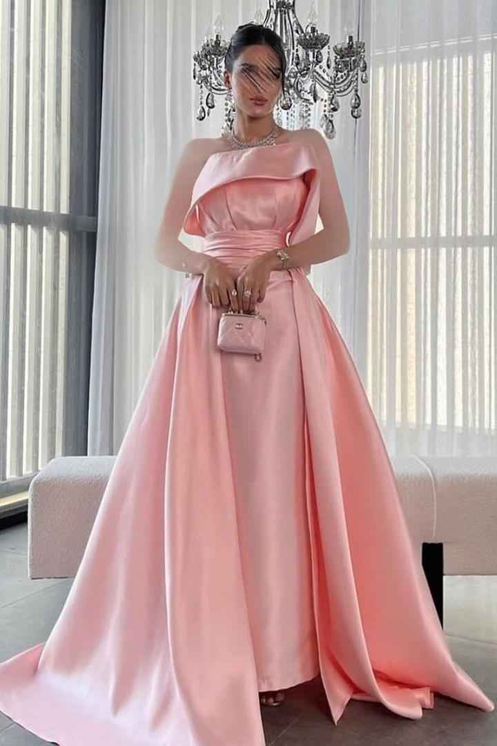 Pink Strapless Sleeveless A Line Long Prom Dress With Pleated
