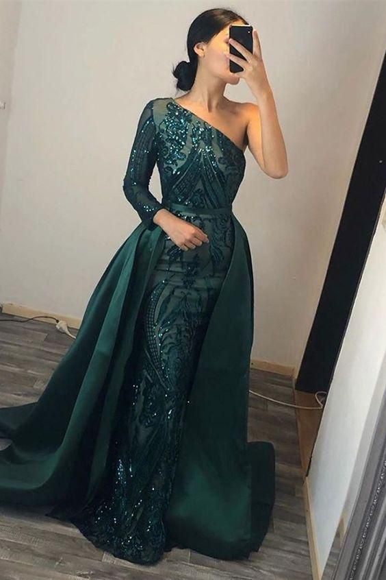 Dark Green One Shoulder Mermaid Prom Dress with Overskirt, Long Sleeve, and Sequins BM bride