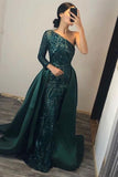 Dark Green One Shoulder Mermaid Prom Dress with Overskirt, Long Sleeve, and Sequins BM bride
