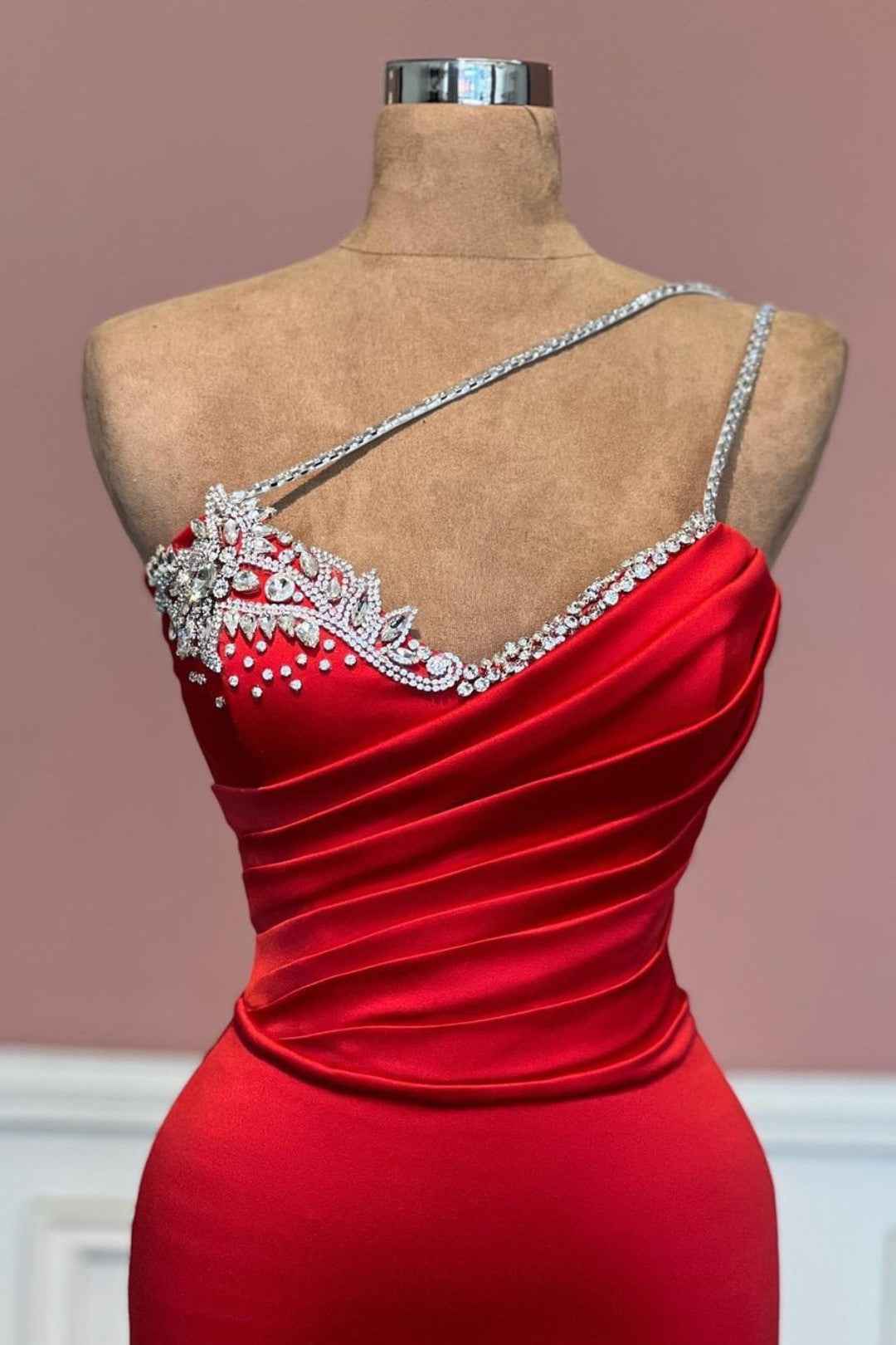 Red Prom Dress With One Shoulder Beading Sleeveless Long Satin