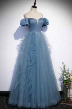 Gorgeous Dusty Blue Off the Shoulder Strapless Long Prom Dress Tulle