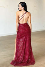 Burgundy One-Shoulder Backless Mermaid Evening Dress with Split BM bride