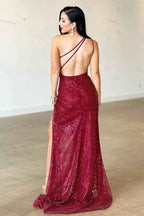 One Shoulder Split Mermaid Burgundy Prom Dress With Backless