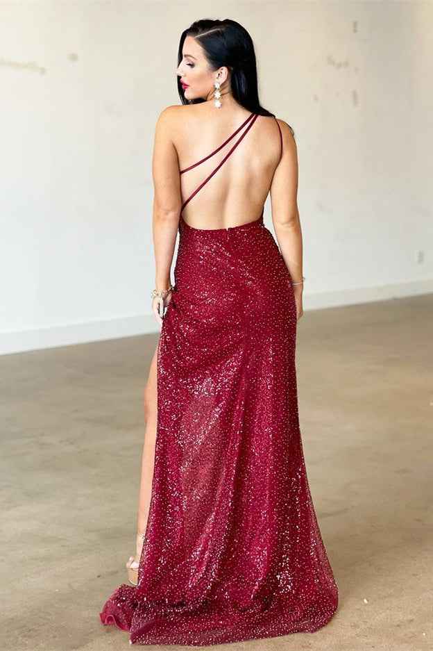 One Shoulder Split Mermaid Burgundy Prom Dress With Backless