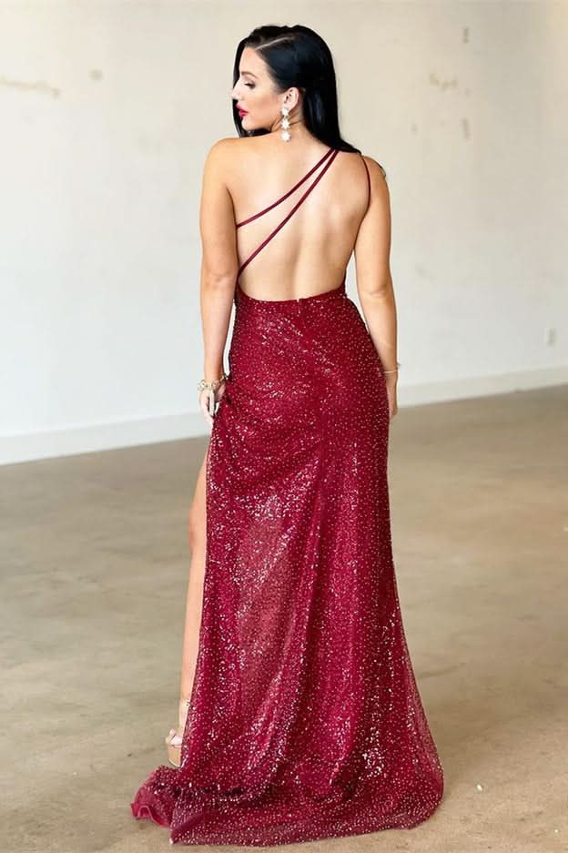 Burgundy One-Shoulder Split Mermaid Evening Dress with Backless BM bride