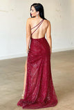 Burgundy One-Shoulder Split Mermaid Evening Dress with Backless BM bride