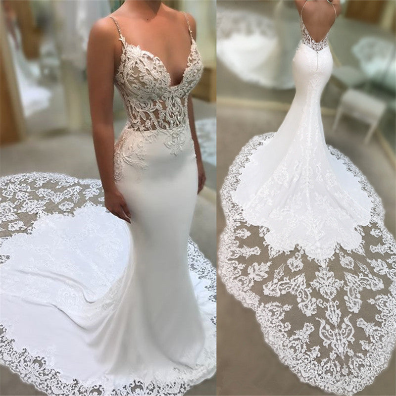 Spaghetti Strap V-Neck Applique Mermaid Wedding Dress BM bride