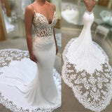 Spaghetti Strap V-Neck Applique Mermaid Wedding Dress BM bride