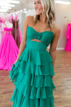Strapless Sleeveless Long Split Prom Dress With Pleated Ruffles