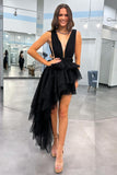 Chic Black V Neck Irregular Hem A-Line Prom Dress BM bride