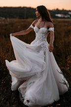 A-Line Off-the-Shoulder Tulle Wedding Dress with Lace Appliques BM bride
