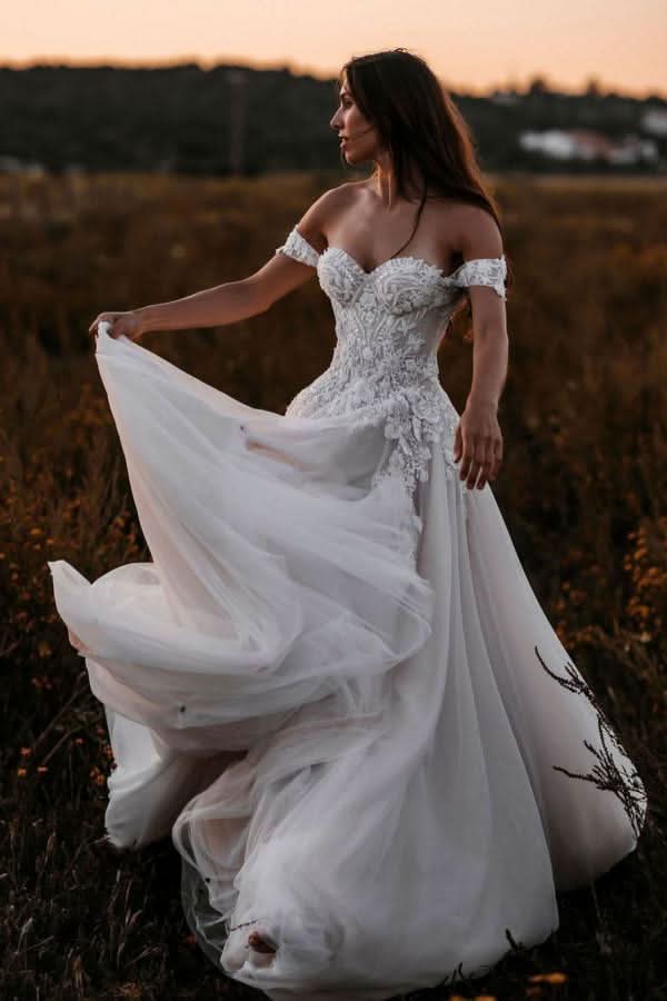 A-Line Off-the-Shoulder Tulle Wedding Dress with Lace Appliques BM bride