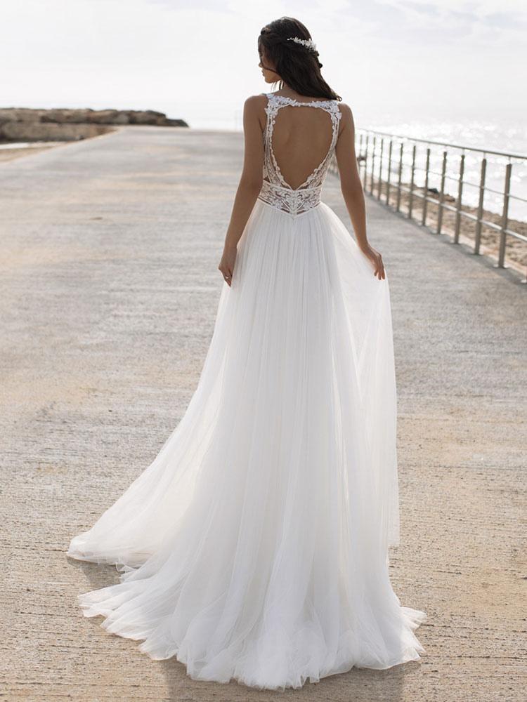 V-Neck Sleeveless Lace Wedding Dress BM bride