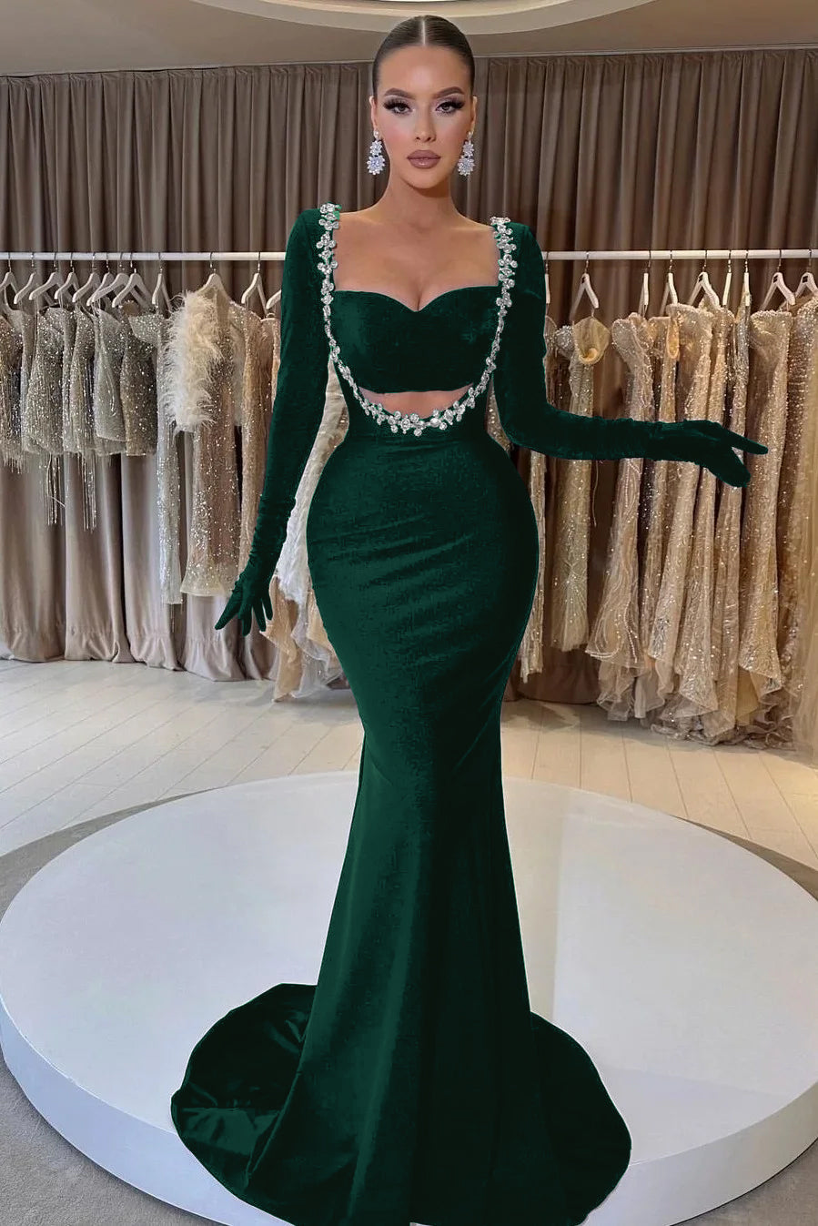 Charming Black Velvet Long Sleeve Beaded Long Mermaid Prom Dress With Gloves BMBRIDE