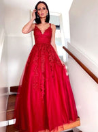 Red Sleeveless Lace Appliqued Prom Dress BM bride