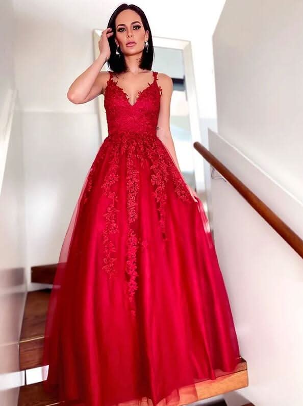 Red Sleeveless Lace Appliqued Prom Dress BM bride
