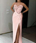 Pink Sequin Applique Long Prom Dress with High Slit BM bride