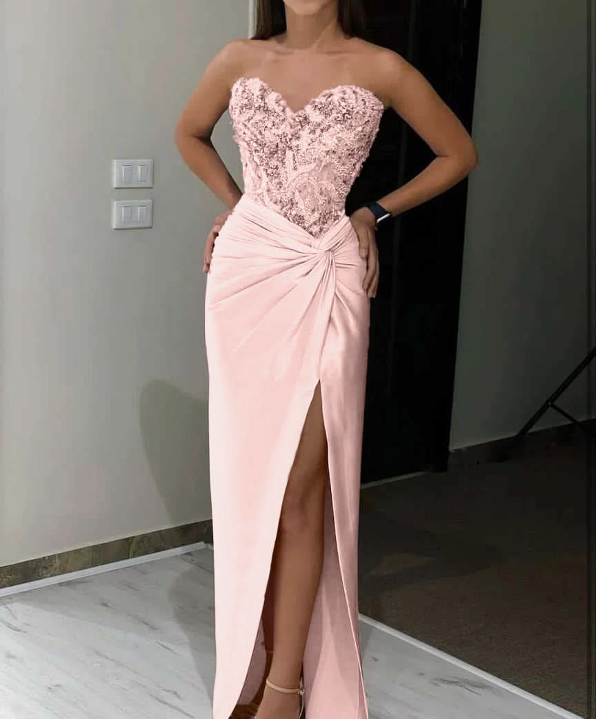 Pink Sequin Applique Long Prom Dress with High Slit BM bride