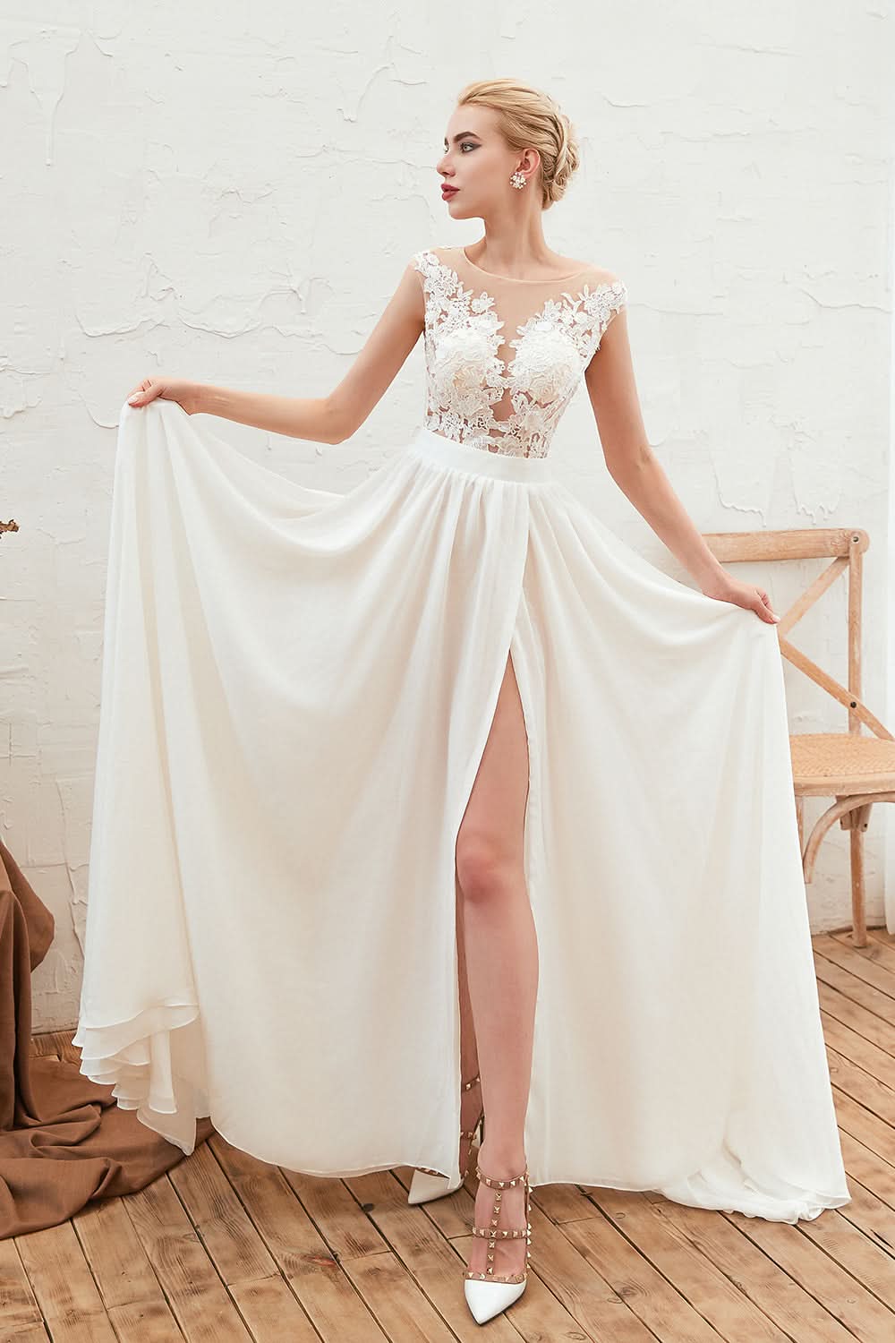 Bateau Neck A-Line Chiffon Wedding Dress with Lace Appliques, Ruffles, and Slit BM bride
