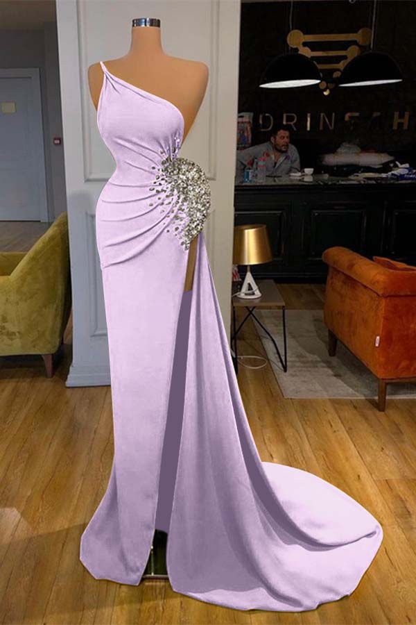 One Shoulder Sleeveless Mermaid Long Prom Dress Green Beadings With Split