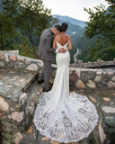 V-neck Spaghetti Straps Backless Mermaid Wedding Dress With Lace Appliques BM bride