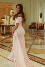 Off the Shoulder Sleeveless Pleated Long Prom Dress With Ruffles